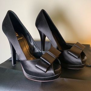 Fendi Black Silk Bow Peep Toe Heel Platforms